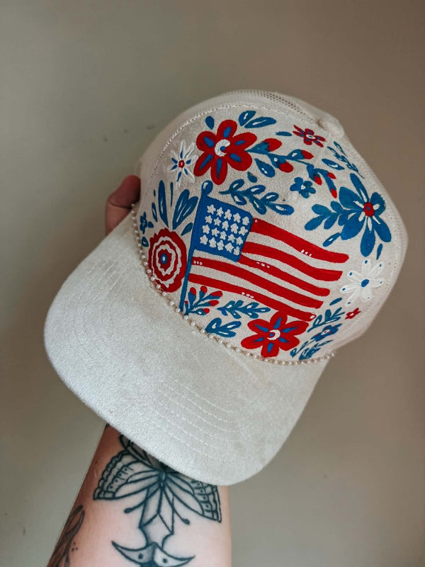 Floral Patriotic Red White & Blue Trucker Hat