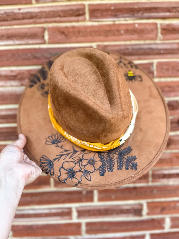 Hand Burned and Beaded Wide Brim Custom Fedora Hat | Honey Bee, Flowers, Floral, Country, Concert, Boho, Lainey Wilson, Derby, Cute, Bandana