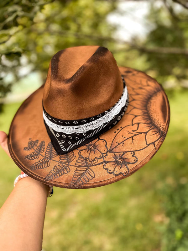 Burned Custom Wide Brim Fedora Hat | Wildflowers, Bandana, Lace, Country, Boho, Concert, Derby, Lainey Wilson, Sunflower, Floral