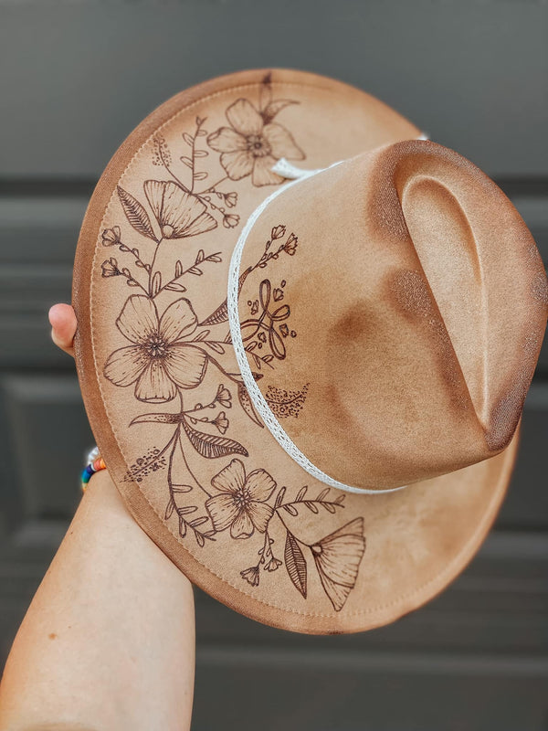 Hand Burned Custom Wide Brim Fedora | Floral, Poppy, Cross, Concert, Country, Cowgirl, Boho, Lainey Wilson, Tan, Cute, Simple, Flower