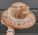 Hand Burned Custom Wide Brim Fedora | Floral, Poppy, Cross, Concert, Country, Cowgirl, Boho, Lainey Wilson, Tan, Cute, Simple, Flower