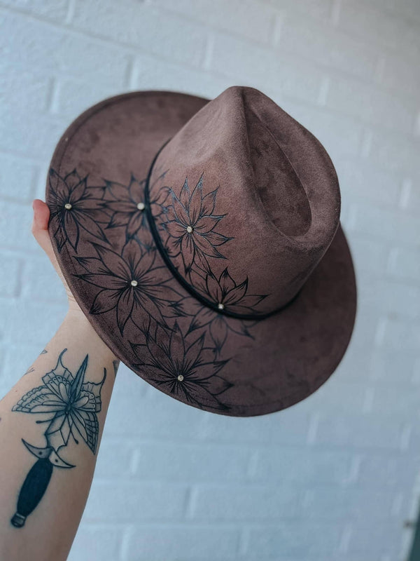 Dark Brown Hand Burned Custom Wide Brim Fedora Hat | Rhinestone, Gem, Flower, Floral, Sunflower, Daisy, Concert, Adjustable, Boho, Hippie