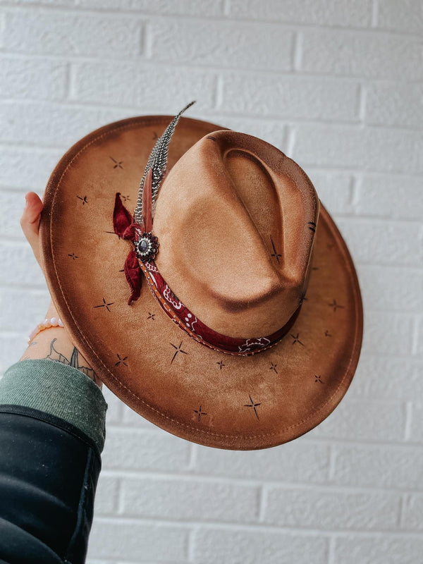 Hand Burned Custom Wide Brim Fedora Hat | Cross, Star, Bandana, Brooch, Western, Concert, Grungy, Edgy, Cowgirl, Concert, Boho, Hippie