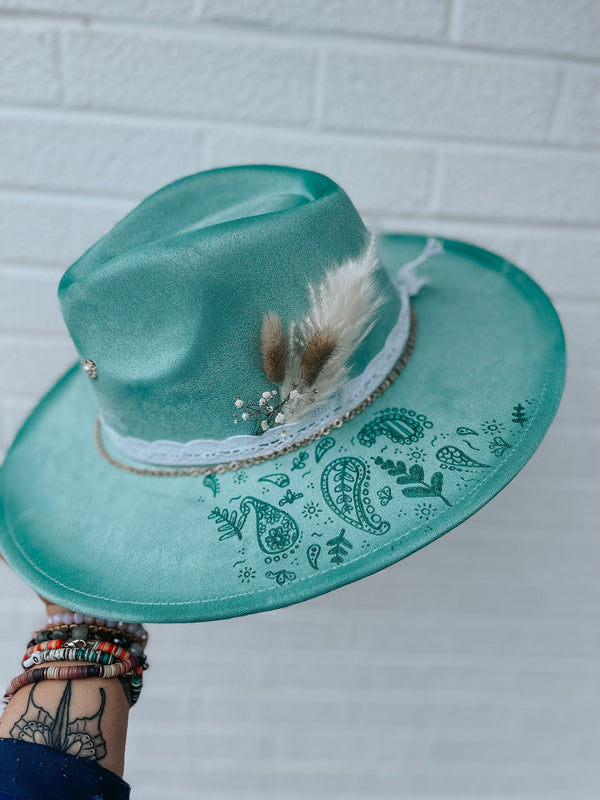Custom Hand Burned Wide Brim Fedora Hat | Paisley, Lainey Wilson, Chain, Hippie, Derby, Floral, Pearl, Western, Concert, Suede, Adjustable