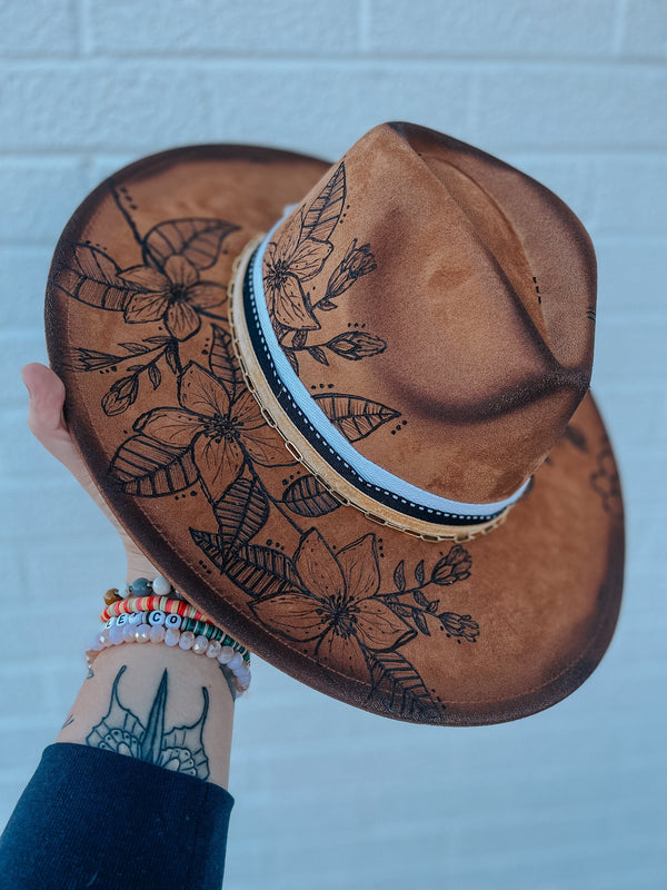 Custom Hand Burned Suede Wide Brin Fedora Hat | Floral, Apple Blossoms, Flowers, Bees, Concert, Western, Country, Cowgirl, Lainey Wilson