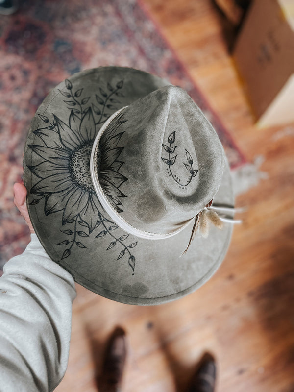 Hand Burned Wide Brim Olive Green Fedora Hat | Floral, Flower, Greenery, Cowgirl, Cowboy, Card, Lainey Wilson, Western, Boho, Hippie