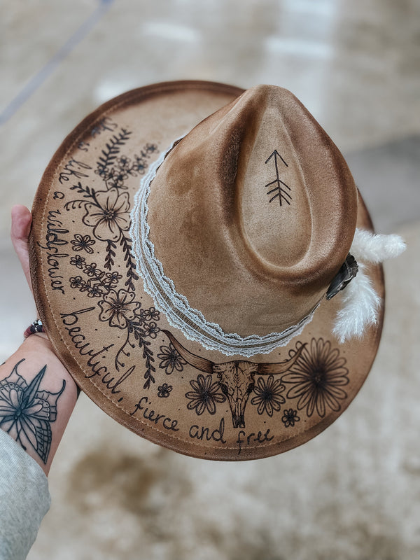 Custom Hand Burned Wide Brim Suede Fedora Hat | Floral, Wildflower, Bull Skull, Longhorn, Concert, Derby, Lainey Wilson, Western, Boho