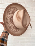 Sunflower Wide Brim Custom Fedora Hat | Tan, Summer, Feather, Country, Concert, Lainey Wilson, Derby, Cowgirl, Cowboy, Floral, Burned