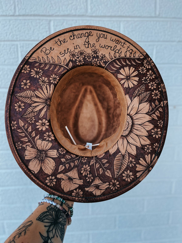 Hand Burned Custom Wide Brim Fedora Hat | Floral, Flower, Sunflower, Summer, Derby, Concert, Lainey Wilson, Festival, Cowgirl, Country