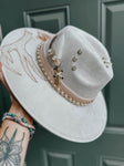 Custom Bridal Wide Brim Fedora Hat | Wedding Bride Antlers Bullet Western Boho Country Bow Pearl Lainey Wilson Engaged Photoshoot