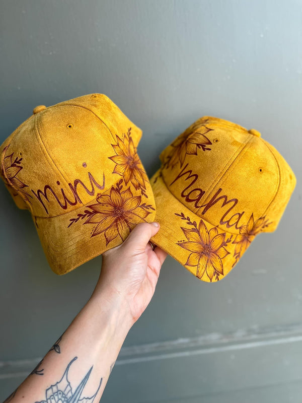 Mama and Mini Custom Burned Baseball Cap Hat | Sunflower Floral Matching Mothers Day Mom Mustard Summer Floral Concert Flower