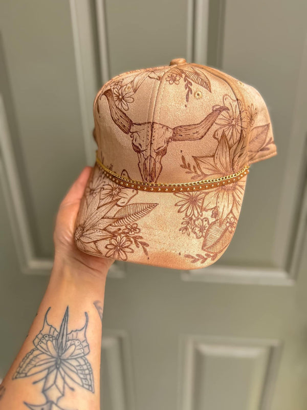 Hand Burned Custom Baseball Trucker Hat Cap | Longhorn Cow Skull Sunflower Floral Tan Summer Concert Floral Lainey Wilson Boho Cowgirl