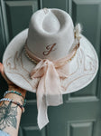 Custom Bridal Wide Brim Fedora Hat | Wedding Bride Antlers Bullet Western Boho Country Bow Pearl Lainey Wilson Engaged Photoshoot