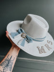 Custom Bridal Wide Brim Fedora Hat | Wedding Engagement Bride Mrs White Pearl Silk Elopement Gift Boho Hippie Country Cowgirl