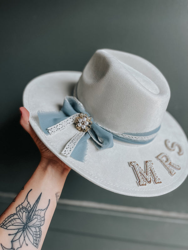 Custom Bridal Wide Brim Fedora Hat | Wedding Engagement Bride Mrs White Pearl Silk Elopement Gift Boho Hippie Country Cowgirl