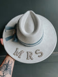 Custom Bridal Wide Brim Fedora Hat | Wedding Engagement Bride Mrs White Pearl Silk Elopement Gift Boho Hippie Country Cowgirl