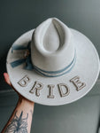 Custom Bridal Wide Brim Fedora Hat | Wedding Engagement Bride Mrs White Pearl Silk Elopement Gift Boho Hippie Country Cowgirl