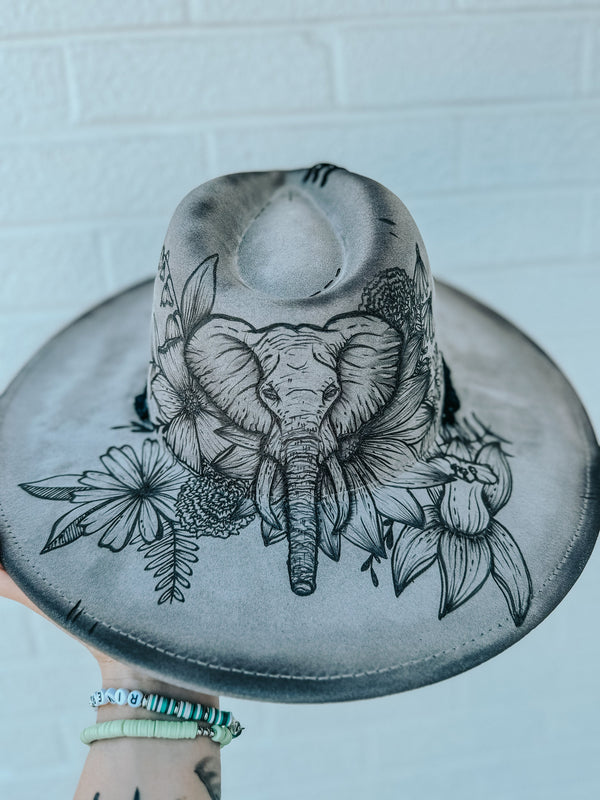 Hand Burned Custom Wide Brim Fedora Hat | Floral, Flower, Sunflower, Summer, Derby, Elephant, Lainey Wilson, Festival, Cowgirl, Country