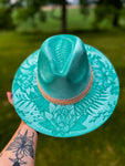 Custom Mint Flat Widebrim Fedora hat | Lotus Floral Summer Bright Concert Festival Lainey Wilson Teal Turquoise Burned Design