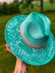 Custom Mint Flat Widebrim Fedora hat | Lotus Floral Summer Bright Concert Festival Lainey Wilson Teal Turquoise Burned Design