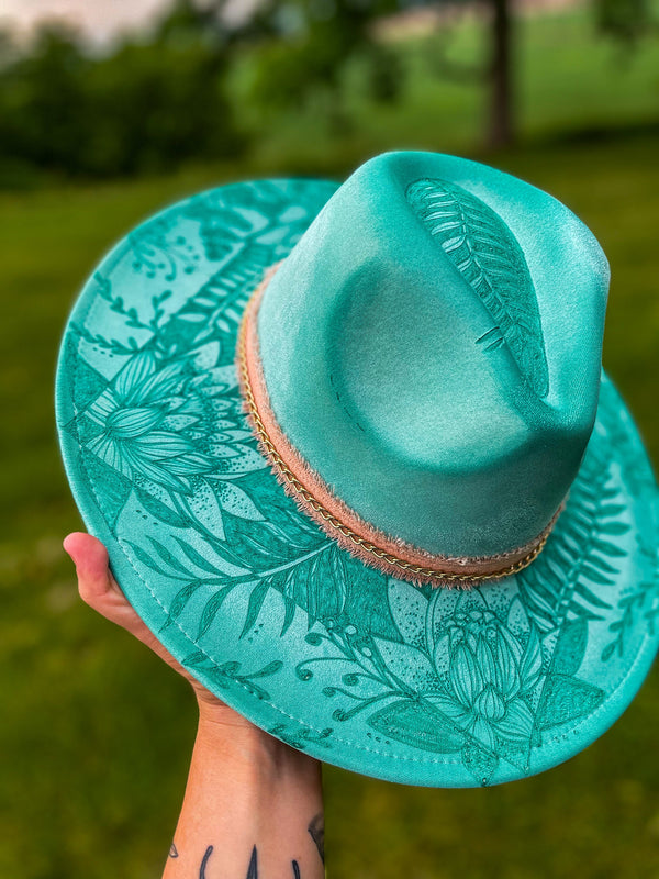 Custom Mint Flat Widebrim Fedora hat | Lotus Floral Summer Bright Concert Festival Lainey Wilson Teal Turquoise Burned Design