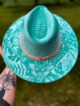 Custom Mint Flat Widebrim Fedora hat | Lotus Floral Summer Bright Concert Festival Lainey Wilson Teal Turquoise Burned Design