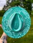 Custom Mint Flat Widebrim Fedora hat | Lotus Floral Summer Bright Concert Festival Lainey Wilson Teal Turquoise Burned Design
