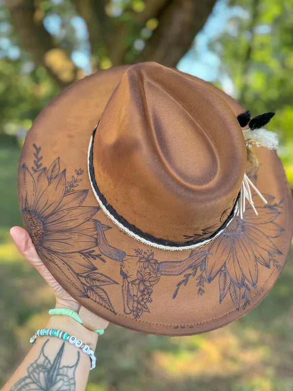 Custom Hand Burned Longhorn Skull and Sunflowers | Western Summer Cowgirl Cowboy Bull Steer Concert Bullet Lainey Wilson Zach Bryan