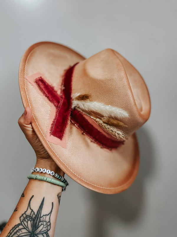Peach and Burgundy Wide Brim Fedora Hat | Feather, Gemstones, Simple, Cute, Derby, Floral, Lainey Wilson, Winery, Burned, Concert, Festival