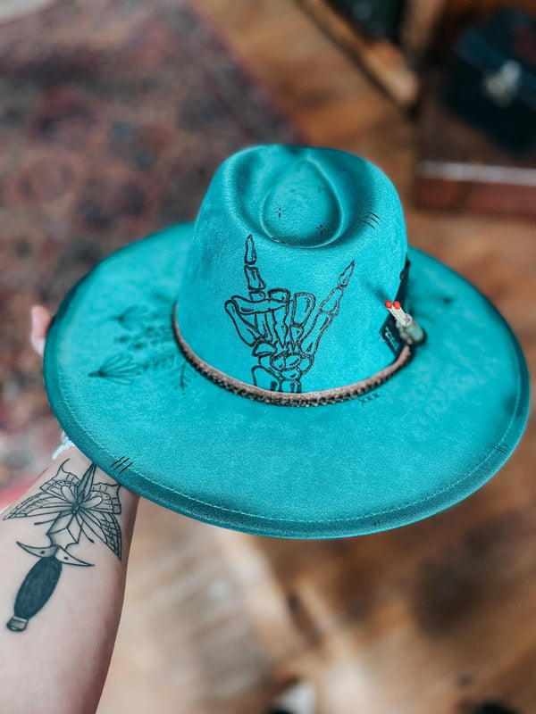 Turquoise Flat Wide Brim Fedora Hat | Lainey Wilson, Concert, Cowgirl, Cowboy, Bunnie XO, Skeleton, Fall, Summer, Festival, Halloween,