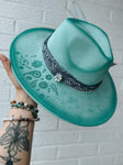 Teal and Pink Cowgirl Wide Brim Fedora | Paisley, rhinestone, bling, glam, lainey Wilson, concert, boho, festival, summer, turquoise