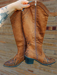 Custom hand burned tall knee high brown suede boots shoes | Fall, Floral, Wildflower, Concert, cowgirl, horse, lainey wilson