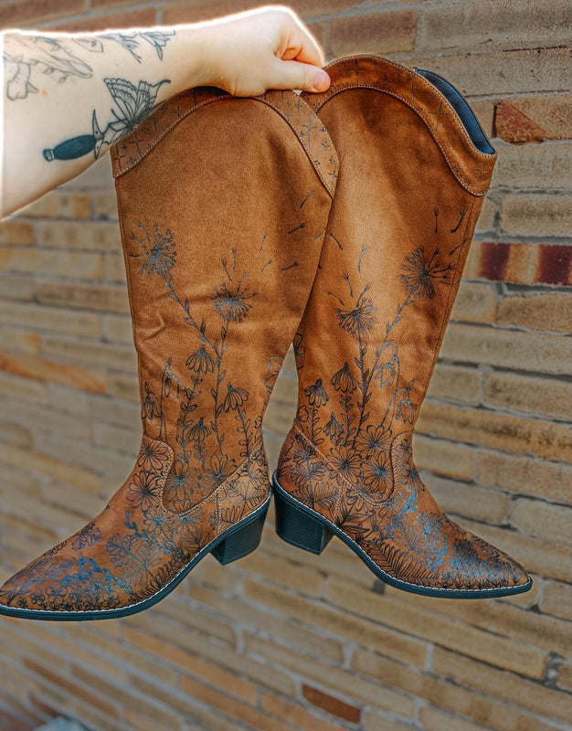 Custom hand burned tall knee high brown suede boots shoes | Fall, Floral, Wildflower, Concert, cowgirl, horse, lainey wilson