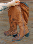Custom hand burned tall knee high brown suede boots shoes | Fall, Floral, Wildflower, Concert, cowgirl, horse, lainey wilson