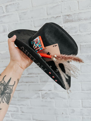 Black Suede Poker Cowboy Hat | Red Rose Gold Pink Lainey Wilson Western Grunge Grungy Goth Las Vegas Concert Rodeo Outlaw