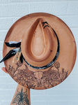 Custom bull skull and chrysanthemum wide brim fedora hat | tan camel western lainey wilson country rustic rugged outlaw concert  black