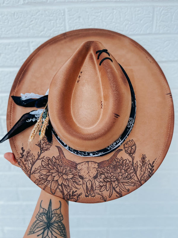 Custom bull skull and chrysanthemum wide brim fedora hat | tan camel western lainey wilson country rustic rugged outlaw concert  black