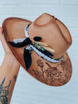 Custom bull skull and chrysanthemum wide brim fedora hat | tan camel western lainey wilson country rustic rugged outlaw concert  black