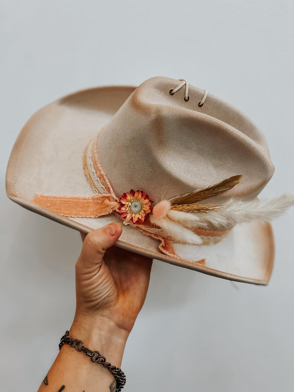 Custom Pink and Ivory Cowgirl Hat | chain, lace, western, bridal, lainey Wilson, country, concert, western, derby