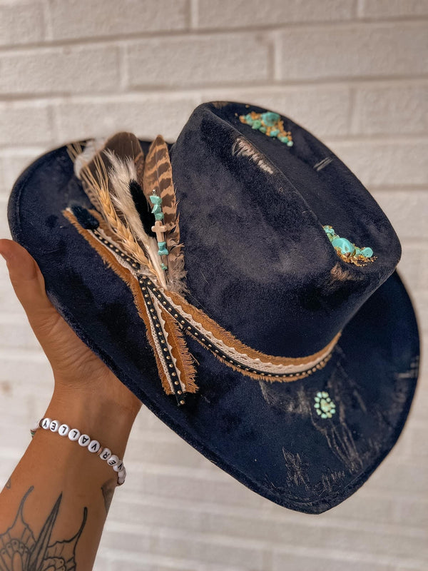 Turquoise Black and Gold Cowboy Hat | Wildflowers, Bull skull, steer skull, grunge, hippie, lainey Wilson, country,