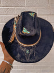 Turquoise Black and Gold Cowboy Hat | Wildflowers, Bull skull, steer skull, grunge, hippie, lainey Wilson, country,