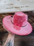 Pink sugar skull wide brim suede fedora hat | floral, concert, Halloween, skull, marigold, festive, derby,
