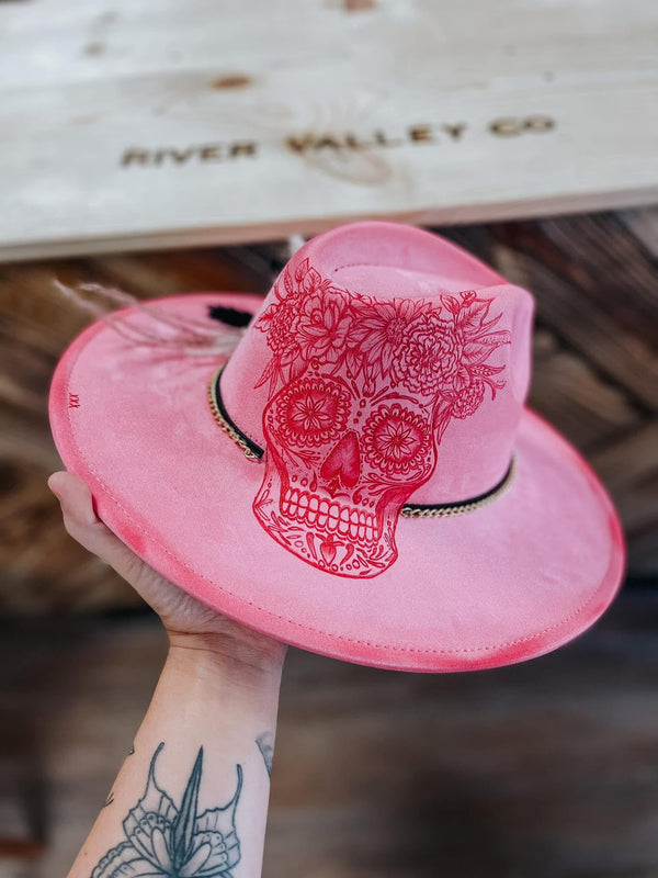 Pink sugar skull wide brim suede fedora hat | floral, concert, Halloween, skull, marigold, festive, derby,