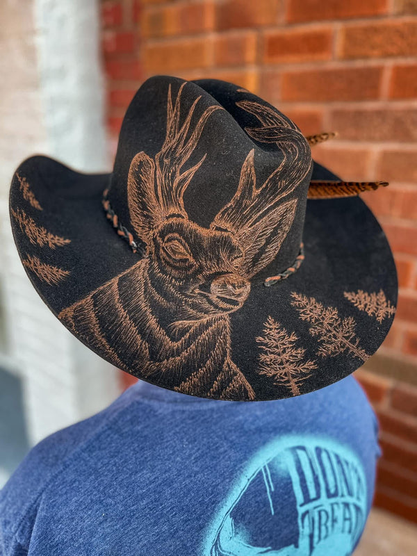 100% Wool Felt Black and Brown Custom Cowboy hat with Deer and Antlers | Western , Mens, Male, Gift, Concert, Summer , Country