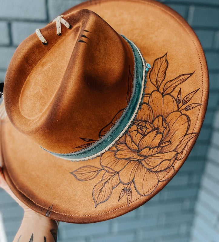 Custom wide brim tan khaki fedora hat with peonies and turquoise | blue, cream, floral, flower, lainey Wilson, feminine, dainty, peony