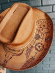 Bull Steer Skull Cowboy hat with turquoise dreamcatchers | feathers, custom, western, country, southwest, concert,