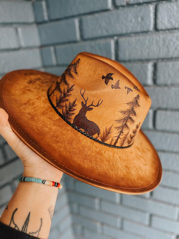 Custom wide brim fedora hat | deer birds trees hunting, mens hat, khaki brown, wildlife western, colorado Montana, cowboy country