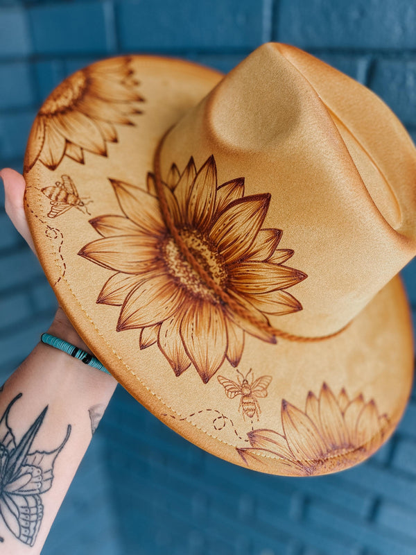 Mustard yellow sunflower and bee custom wide brim fedora hat | lainey Wilson, burned, brown, flat brim, adjustable, suede, summer, concert