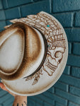 100% Wool Custom Burned Wide Brim Fedora Hat | leather, feathers, skull, grunge, native, American,