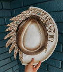 100% Wool Custom Burned Wide Brim Fedora Hat | leather, feathers, skull, grunge, native, American,